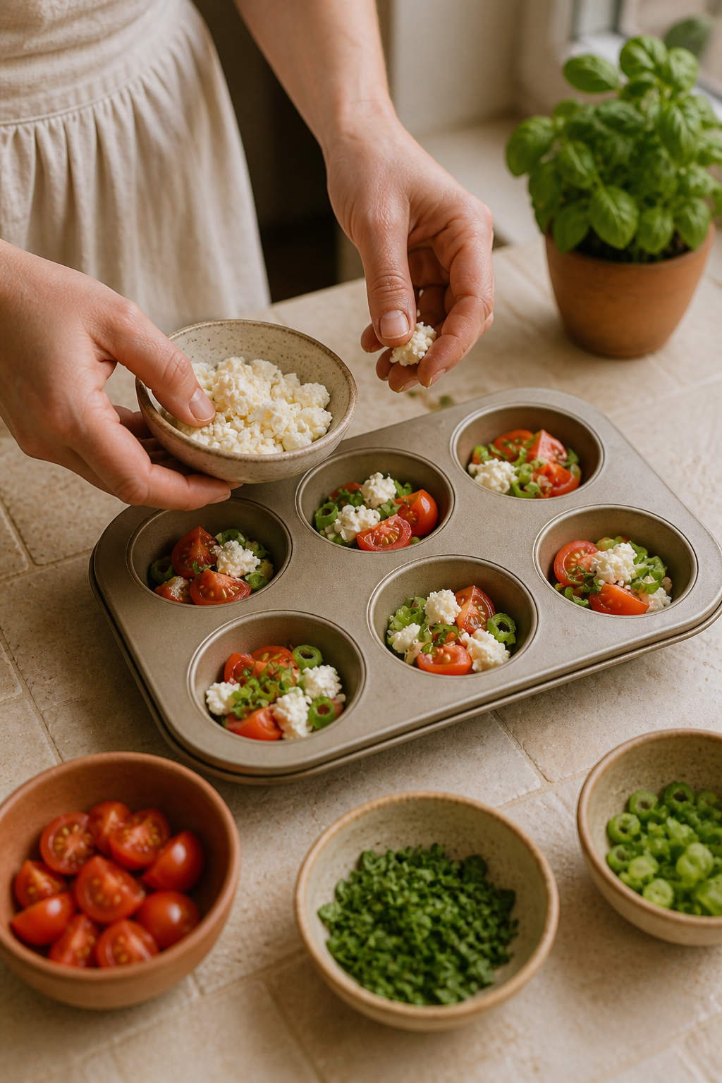 Preparing healthy egg muffins in the reserved kitchen scene