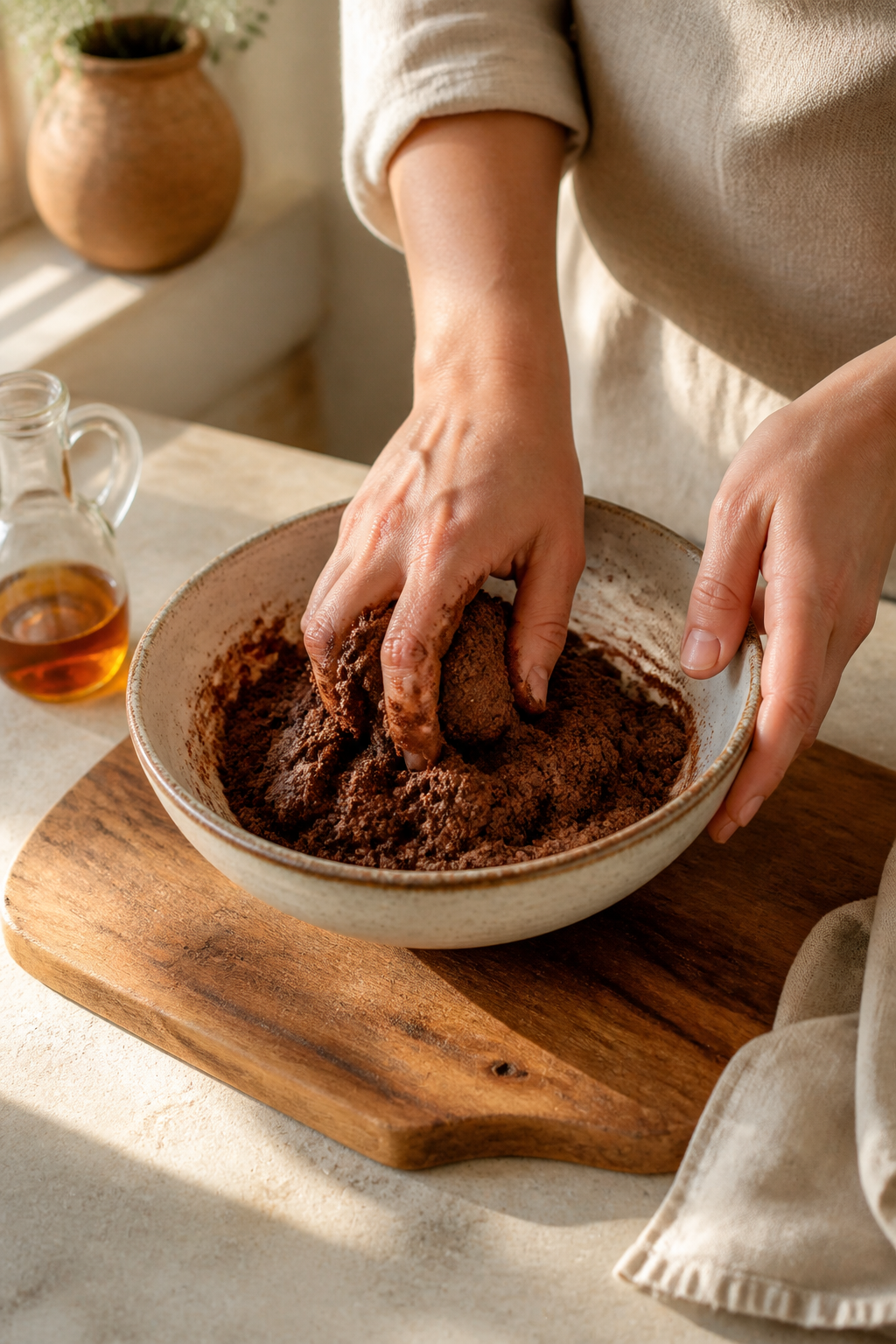 Preparing homemade chocolate cereal in the reserved kitchen scene