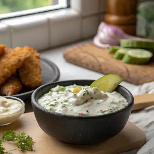 Homemade Tartar Sauce with Dill Pickles finished dish