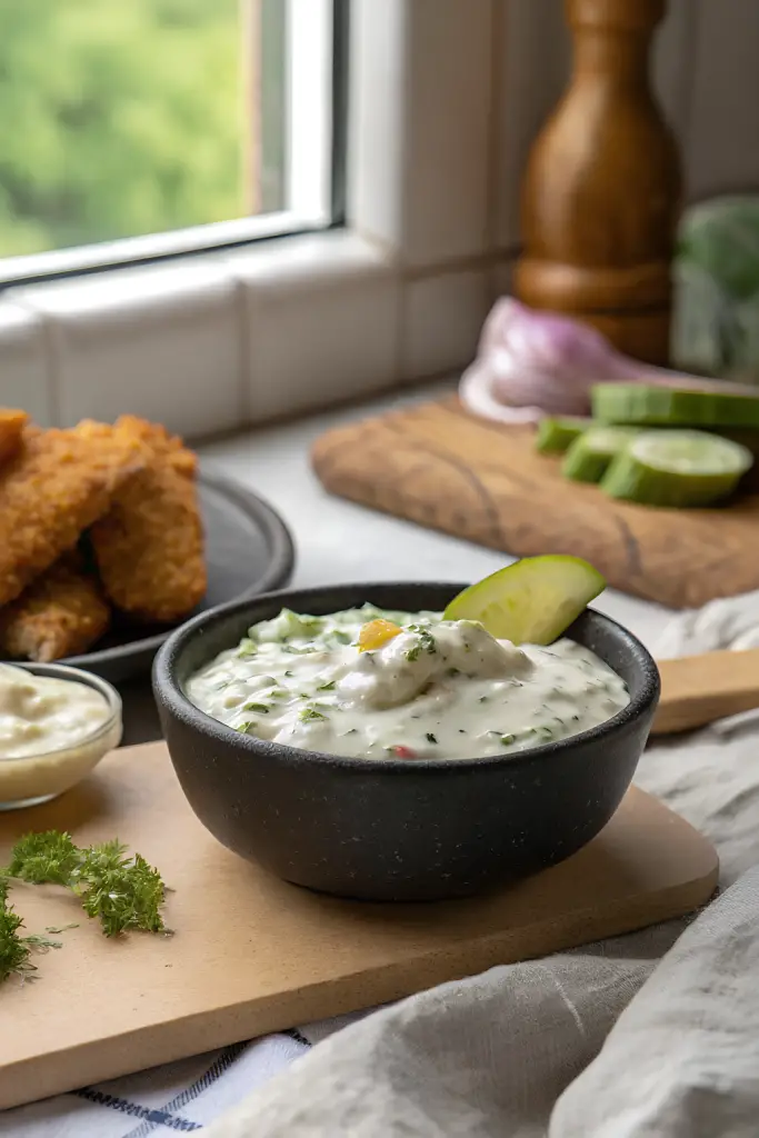 Homemade Tartar Sauce with Dill Pickles finished dish
