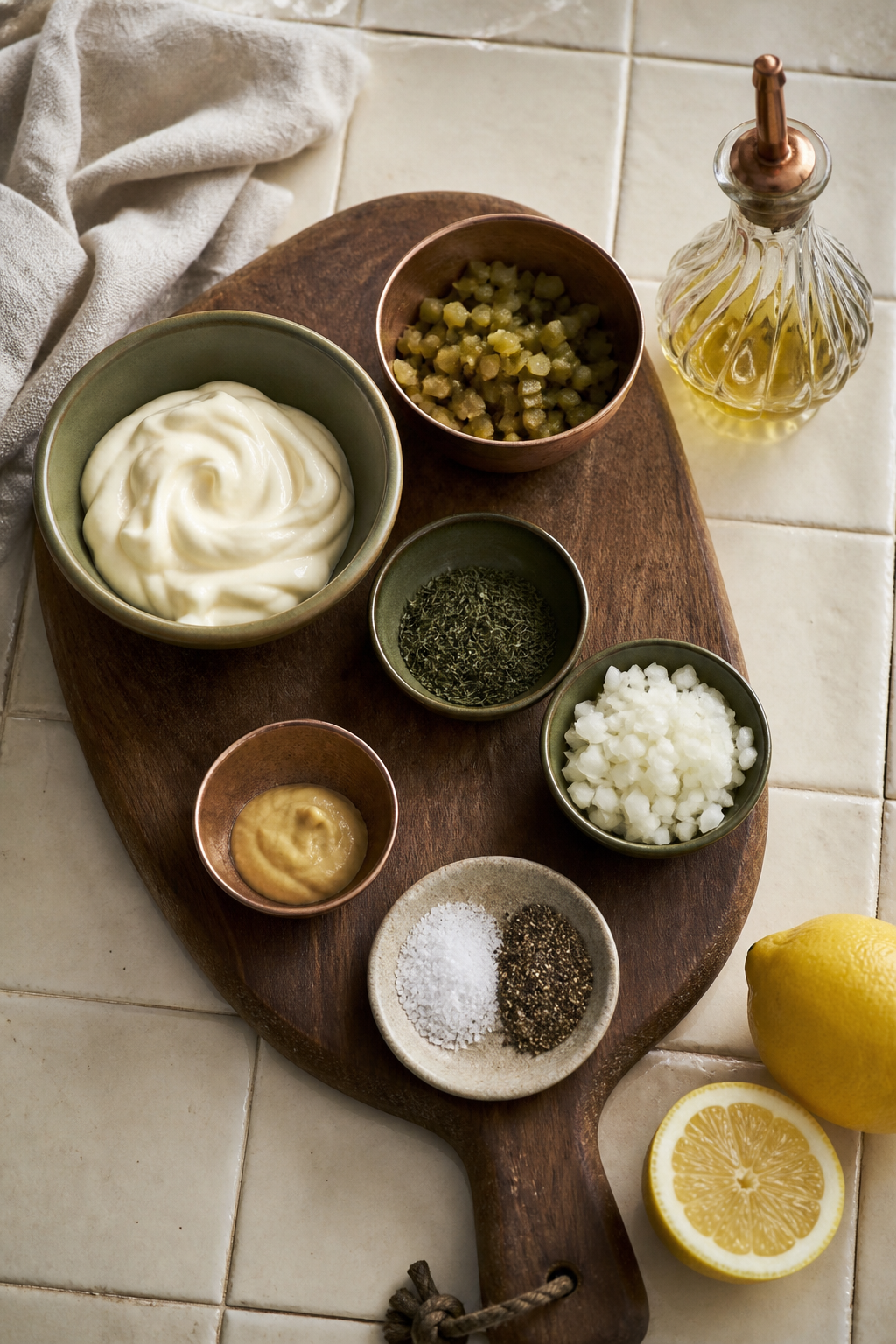homemade tartar sauce ingredients arranged for preparation