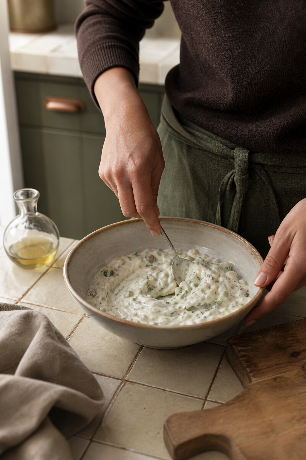 Preparing homemade tartar sauce in the reserved kitchen scene