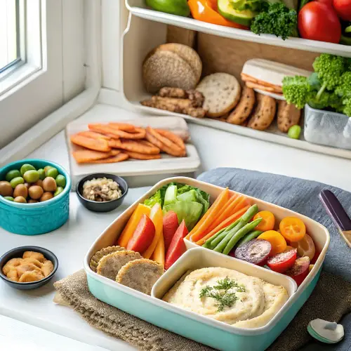 Hummus veggie bento box with colorful vegetables and pita