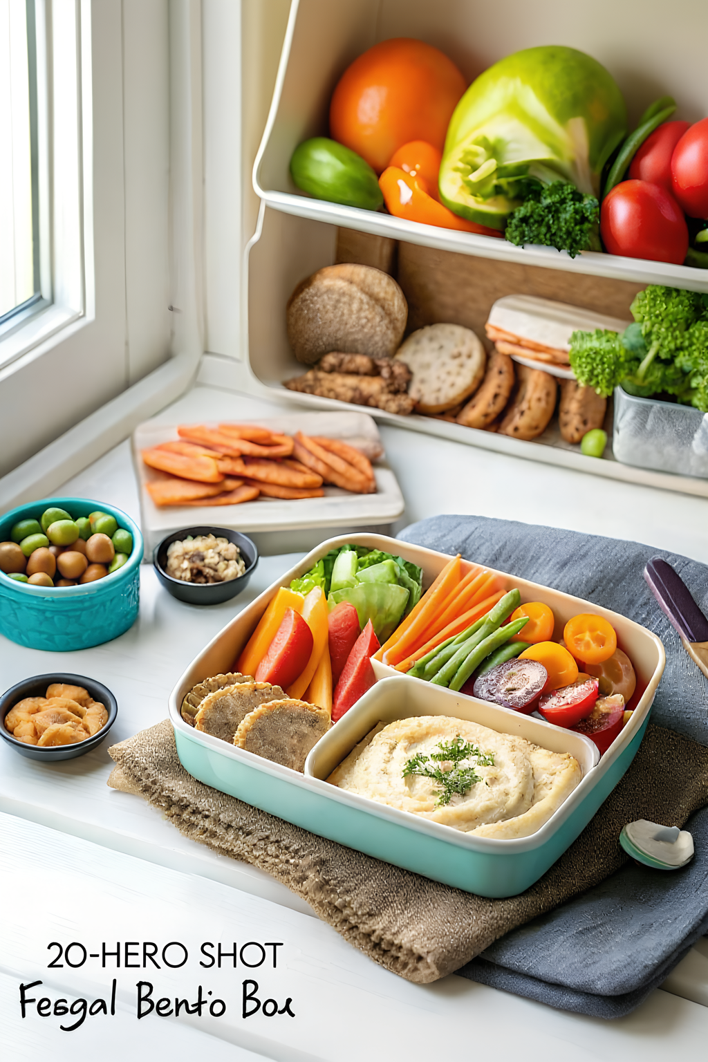 Hummus veggie bento box with colorful vegetables and pita