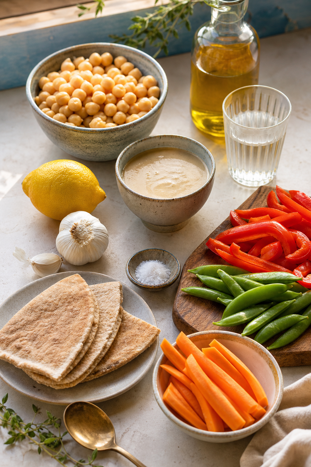 Hummus veggie bento box ingredients arranged overhead