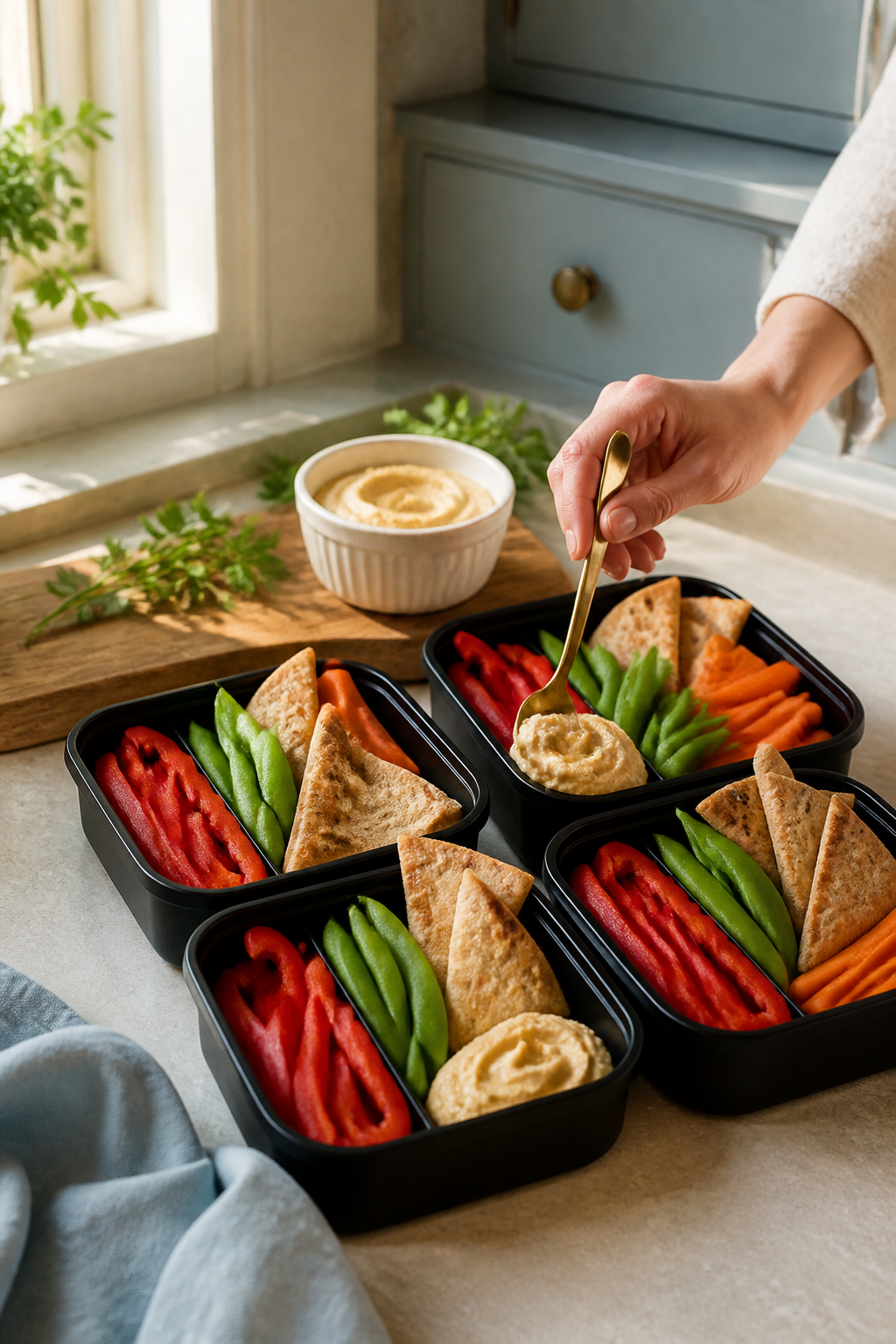 Creamy homemade hummus being spooned into bento containers