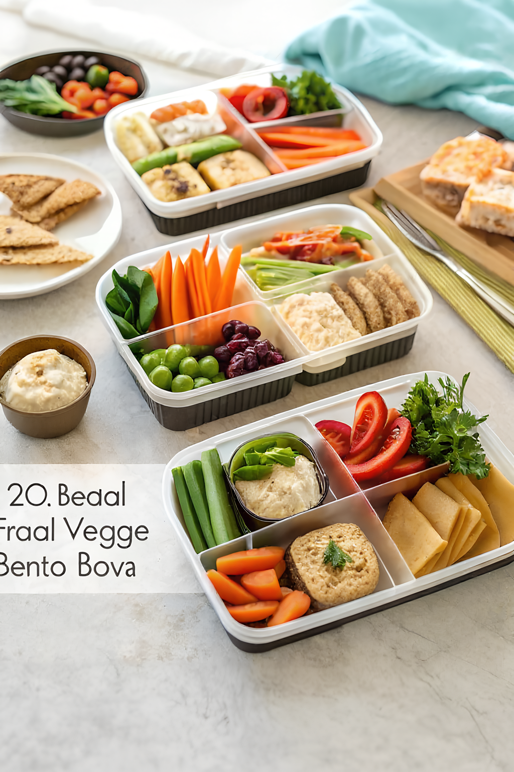 Four packed hummus veggie bento boxes ready to chill