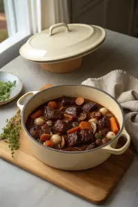 Finished make-ahead beef bourguignon in the reserved kitchen scene