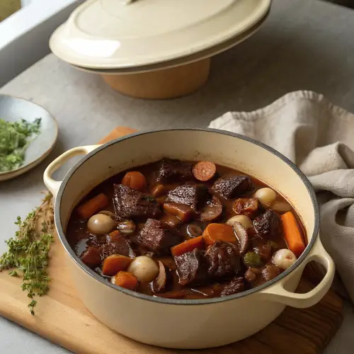 Finished make-ahead beef bourguignon in the reserved kitchen scene