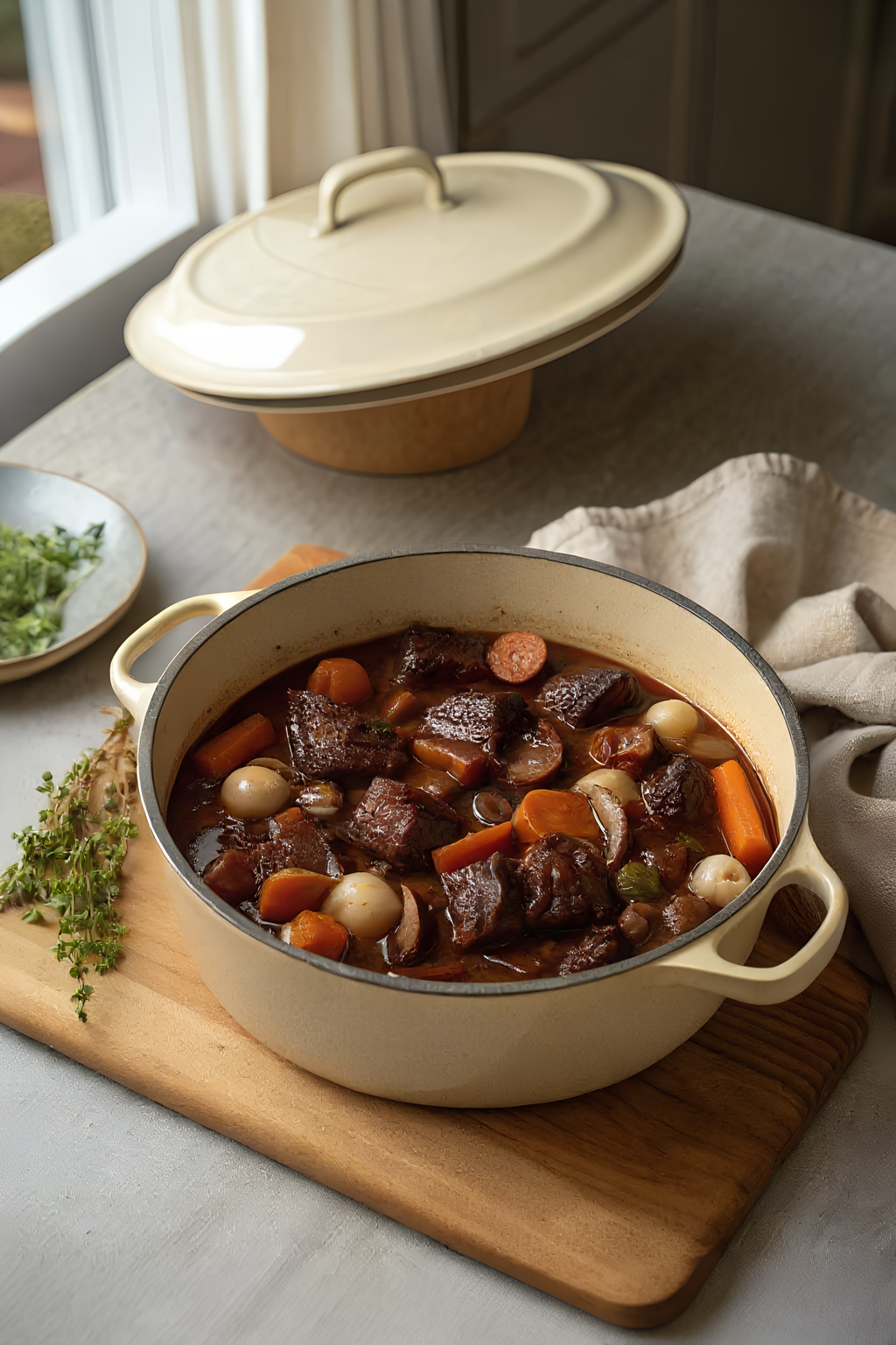 Finished make-ahead beef bourguignon in the reserved kitchen scene