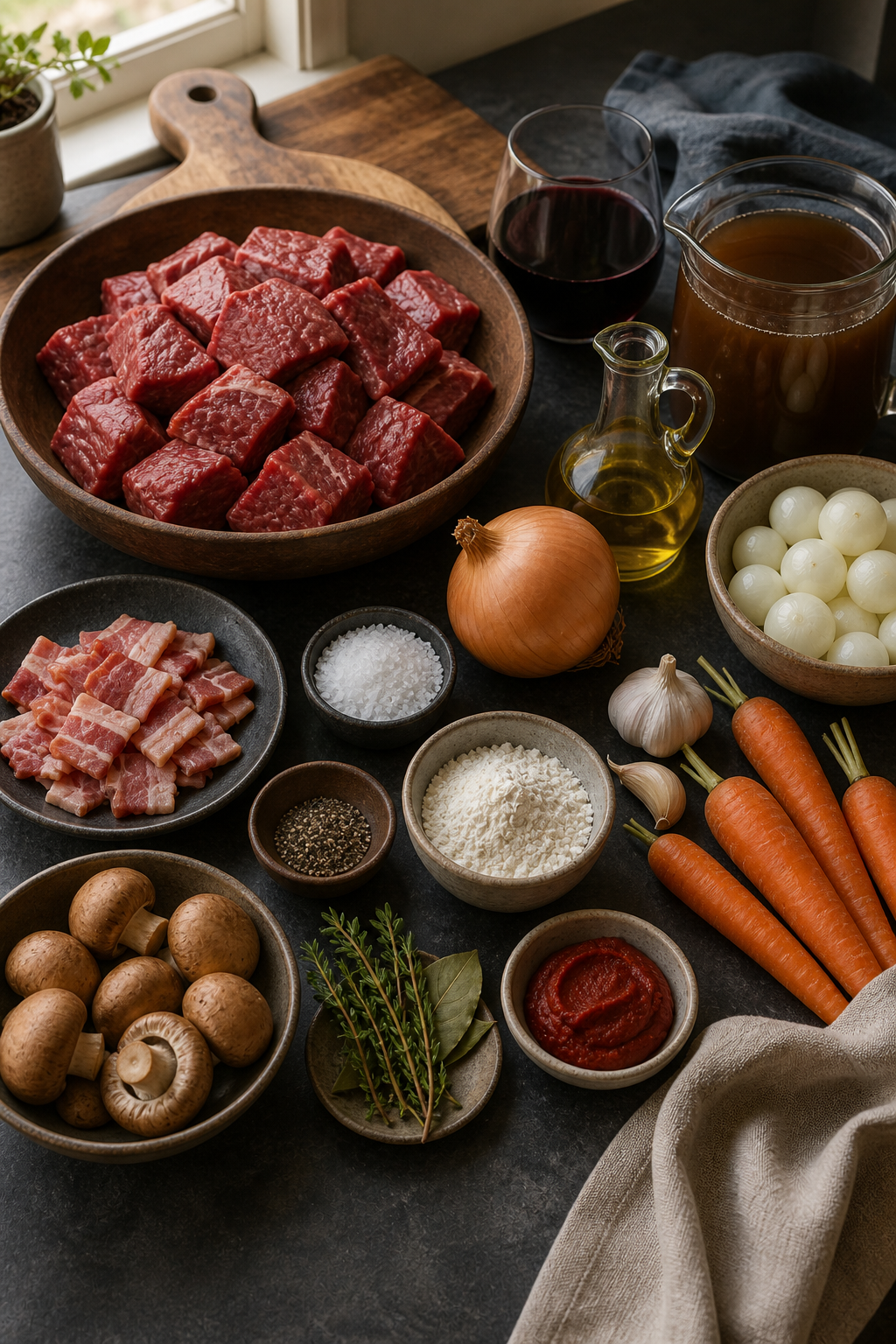 Ingredients measured for make-ahead beef bourguignon
