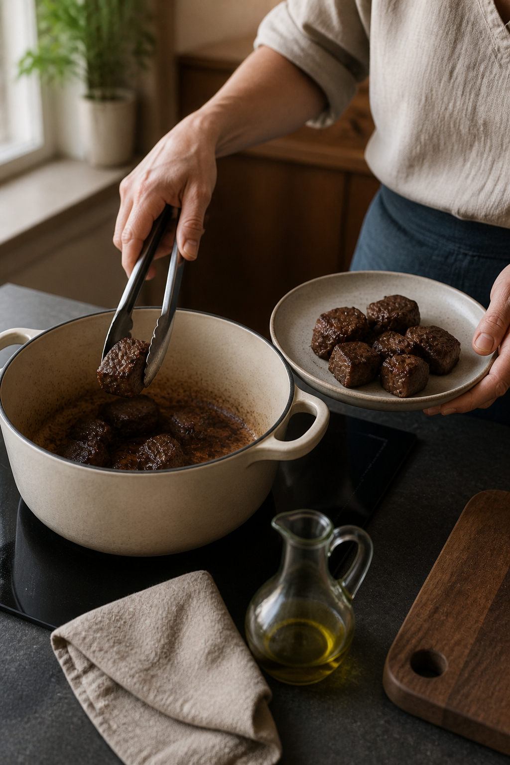 Preparing make-ahead beef bourguignon in the reserved kitchen scene