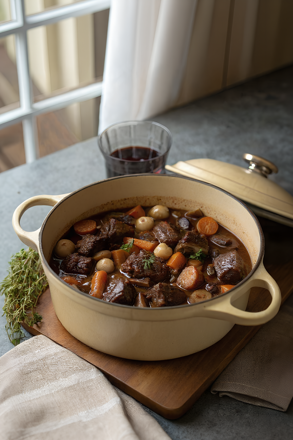 Close view of the finished make-ahead beef bourguignon