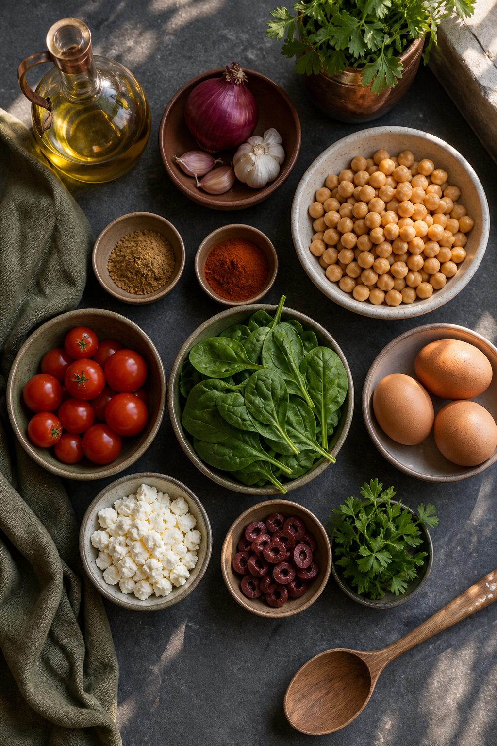 Mediterranean chickpea breakfast skillet ingredients arranged for preparation