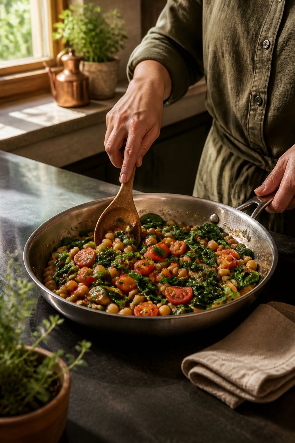 Preparing Mediterranean chickpea breakfast skillet in the reserved kitchen scene