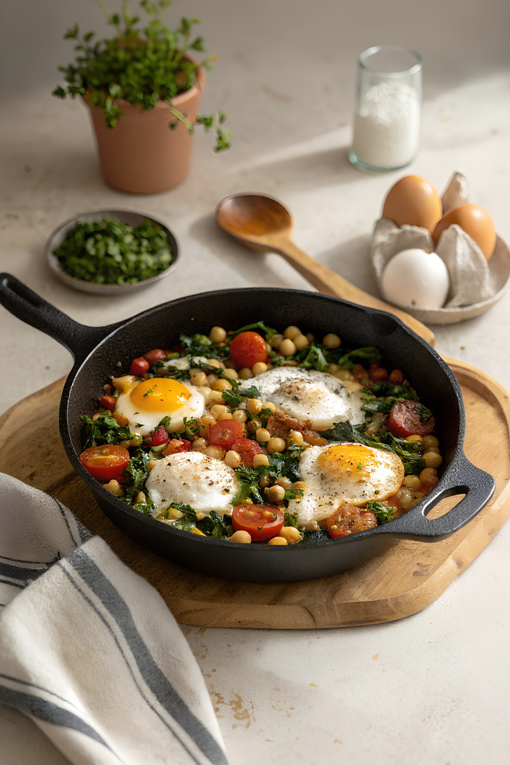 Close view of finished Mediterranean chickpea breakfast skillet