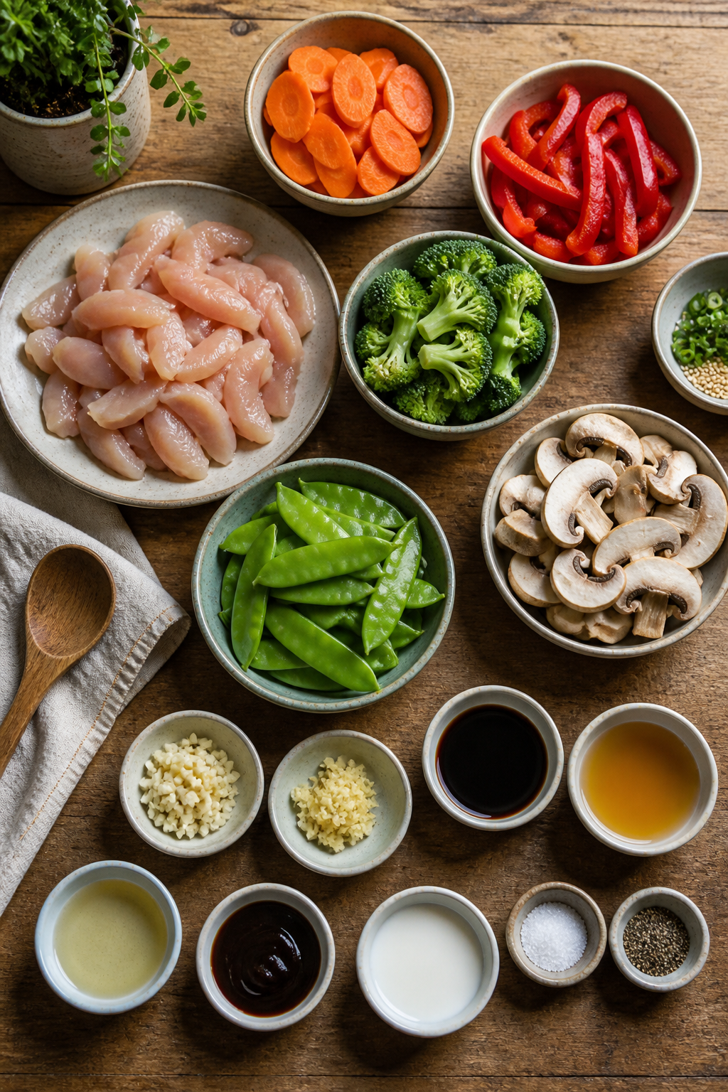 Moo goo gai pan ingredients measured and arranged