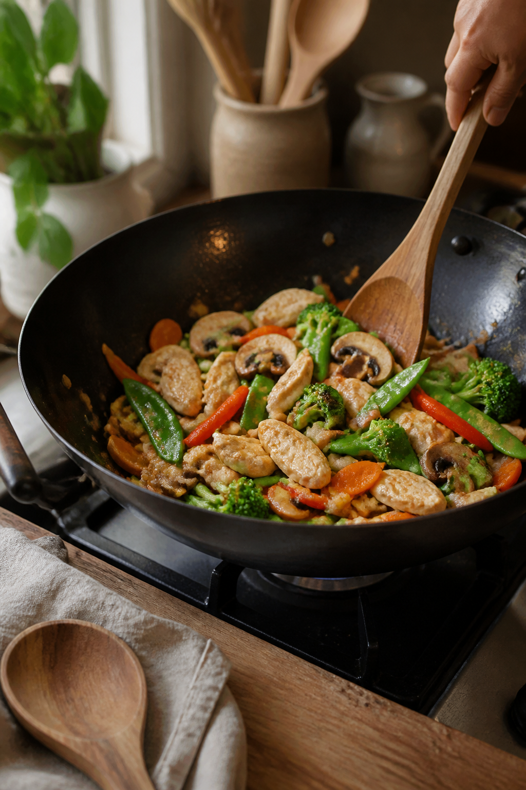 Moo goo gai pan cooking in a wok