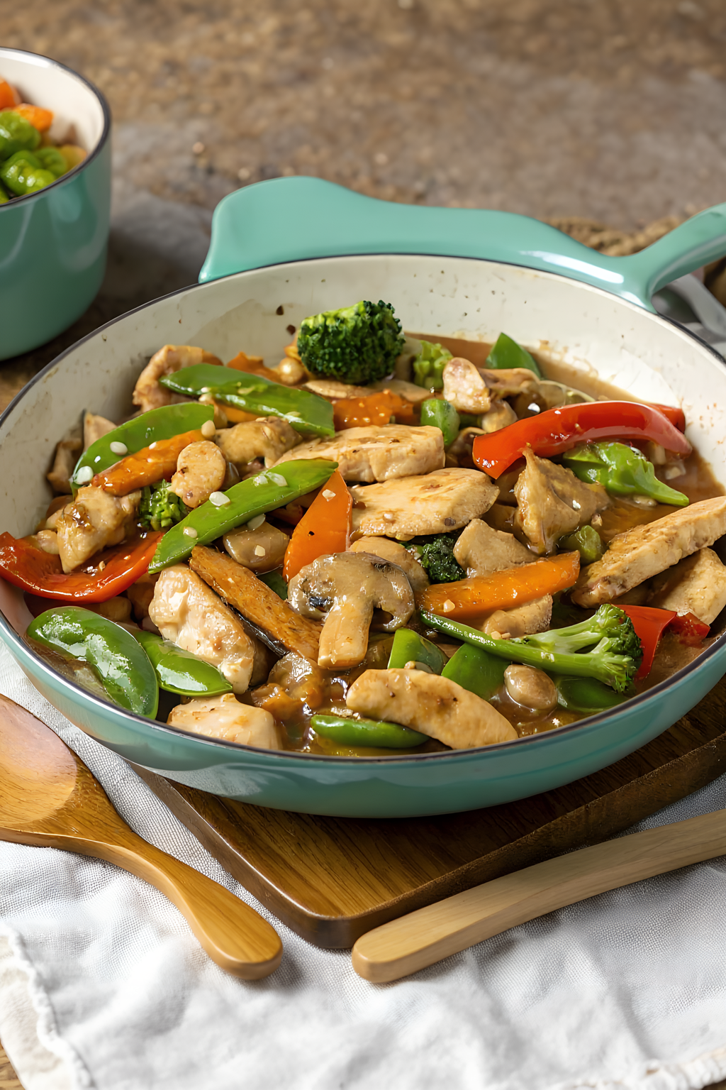 Finished chicken mushroom stir fry from a close angle