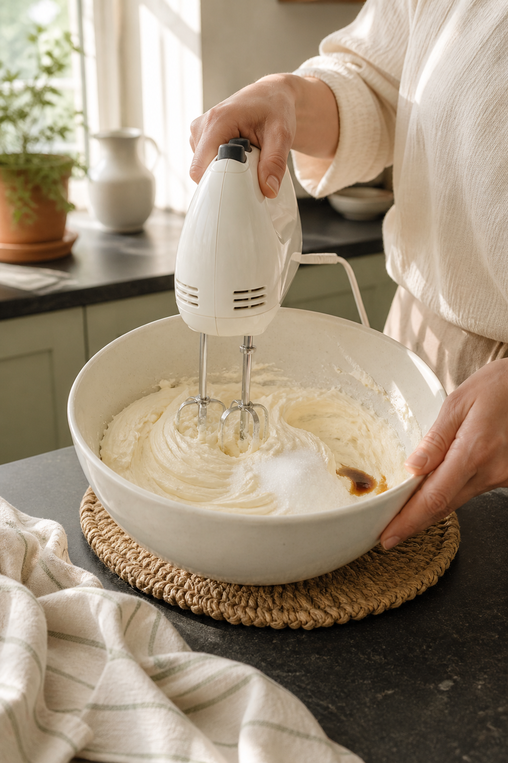Preparing no bake cherry delight in the reserved kitchen scene