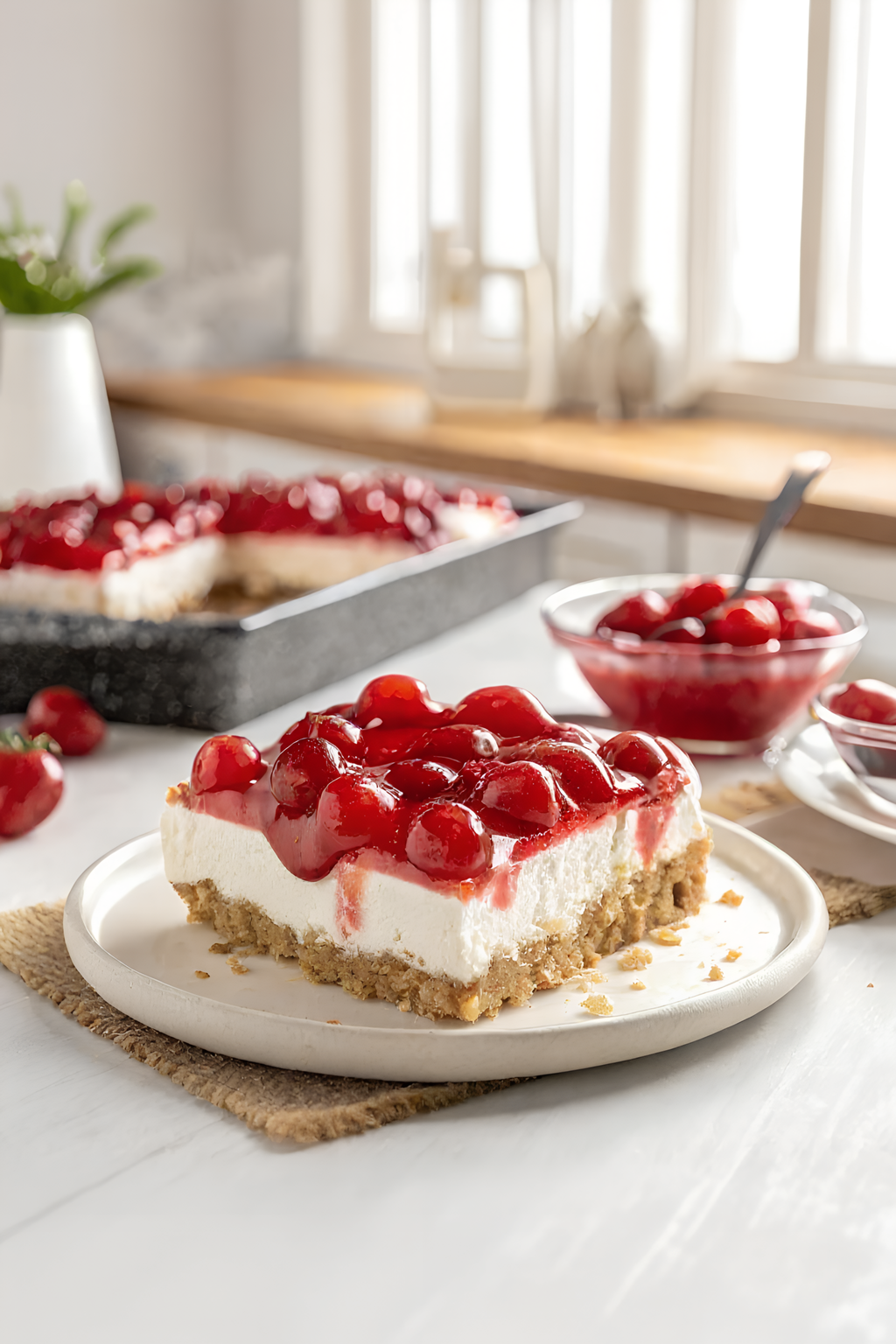 Close view of the finished no bake cherry delight
