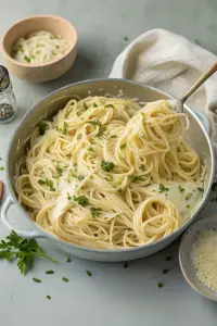 Finished one pot garlic Parmesan pasta ready to serve