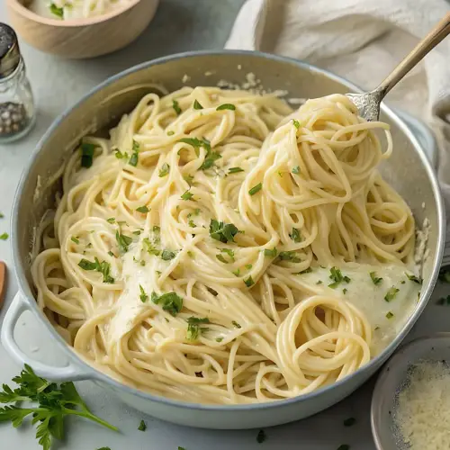 Finished one pot garlic Parmesan pasta ready to serve