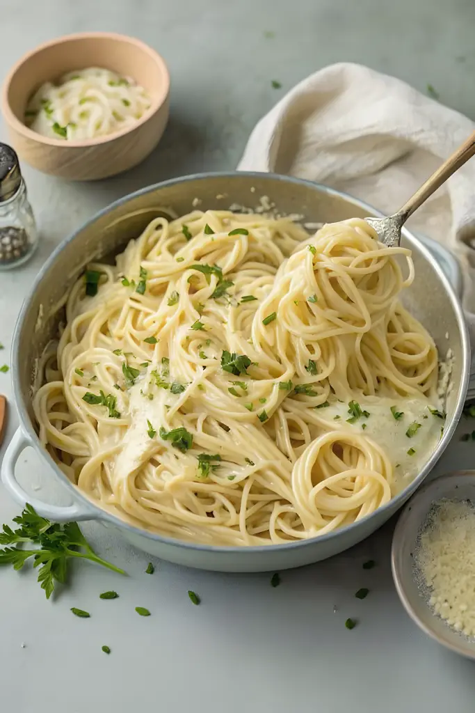 Finished one pot garlic Parmesan pasta ready to serve