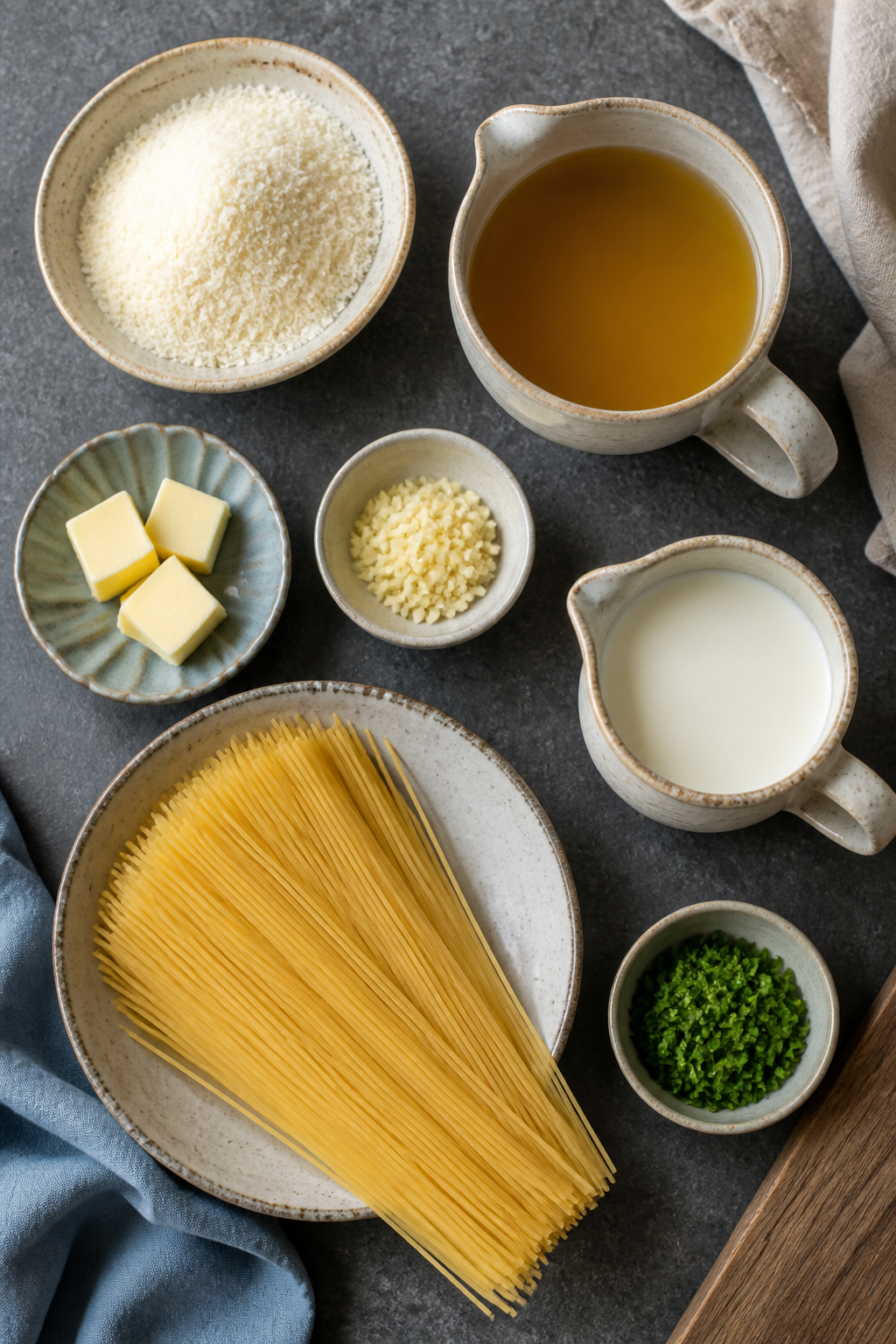Ingredients arranged for one pot garlic Parmesan pasta