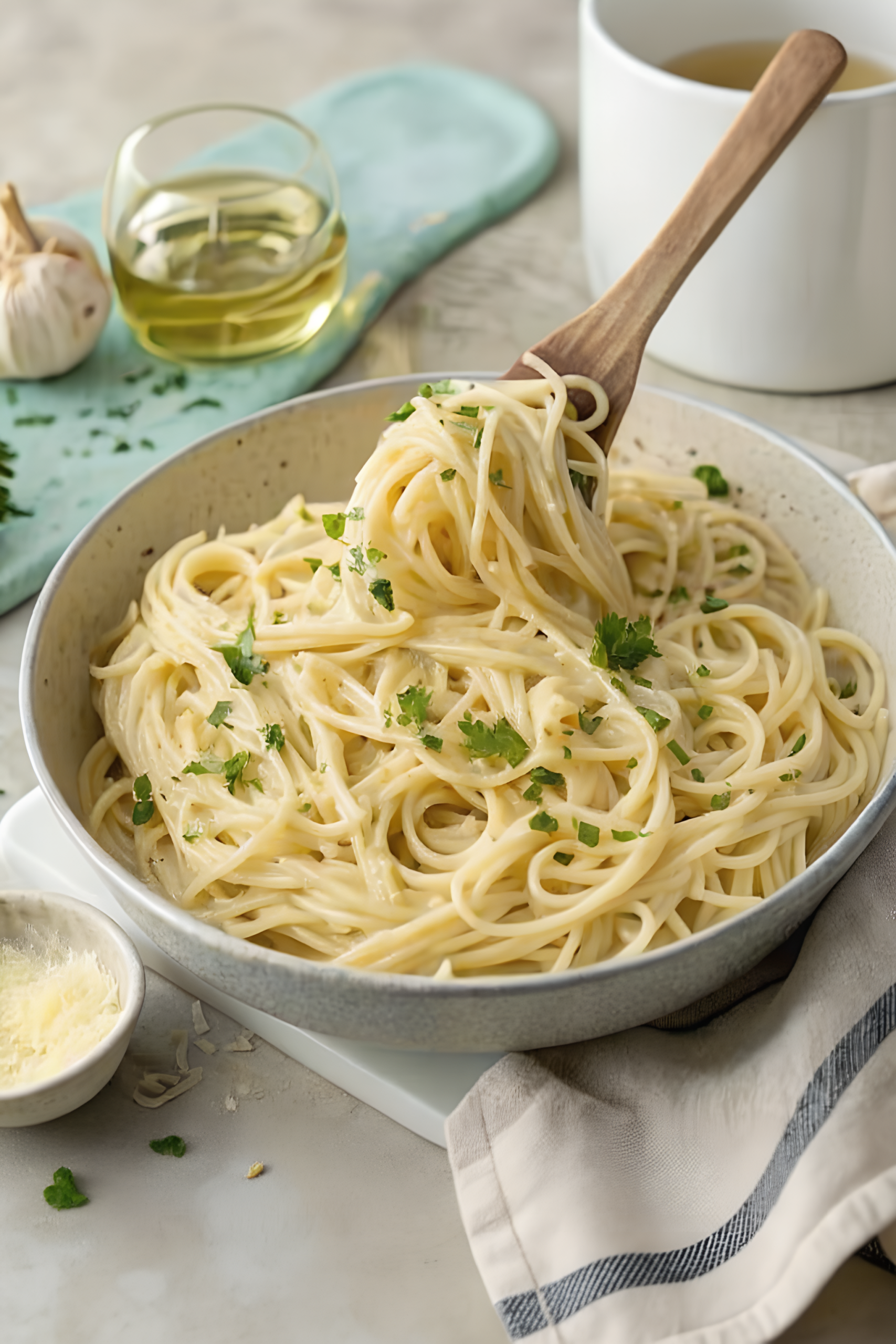 Close view of the finished one pot garlic Parmesan pasta