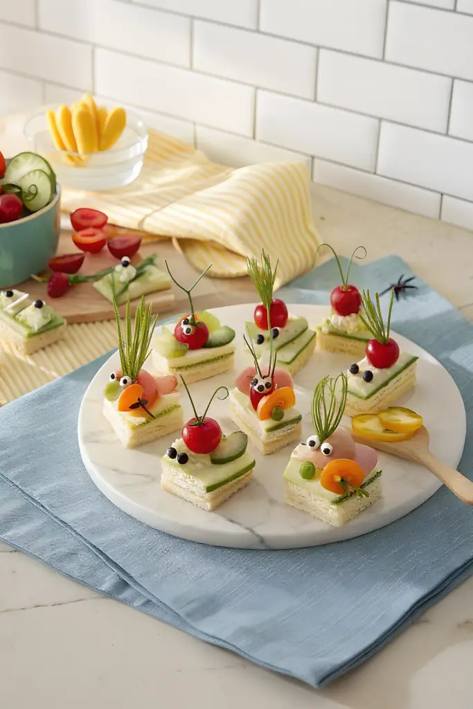 Finished savory bug-shaped party bites in the reserved kitchen scene