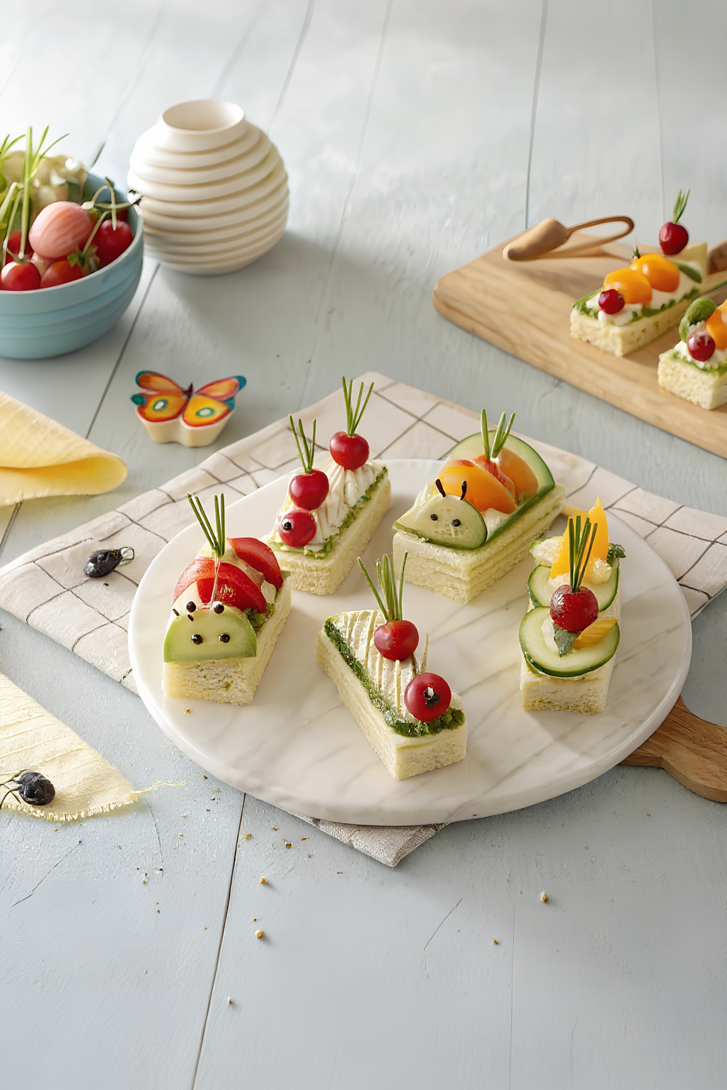 Close view of the finished savory bug-shaped party bites