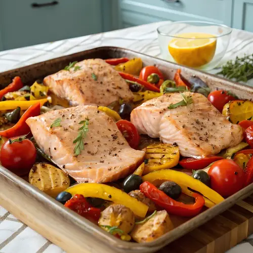 Sheet pan salmon and vegetables with lemon