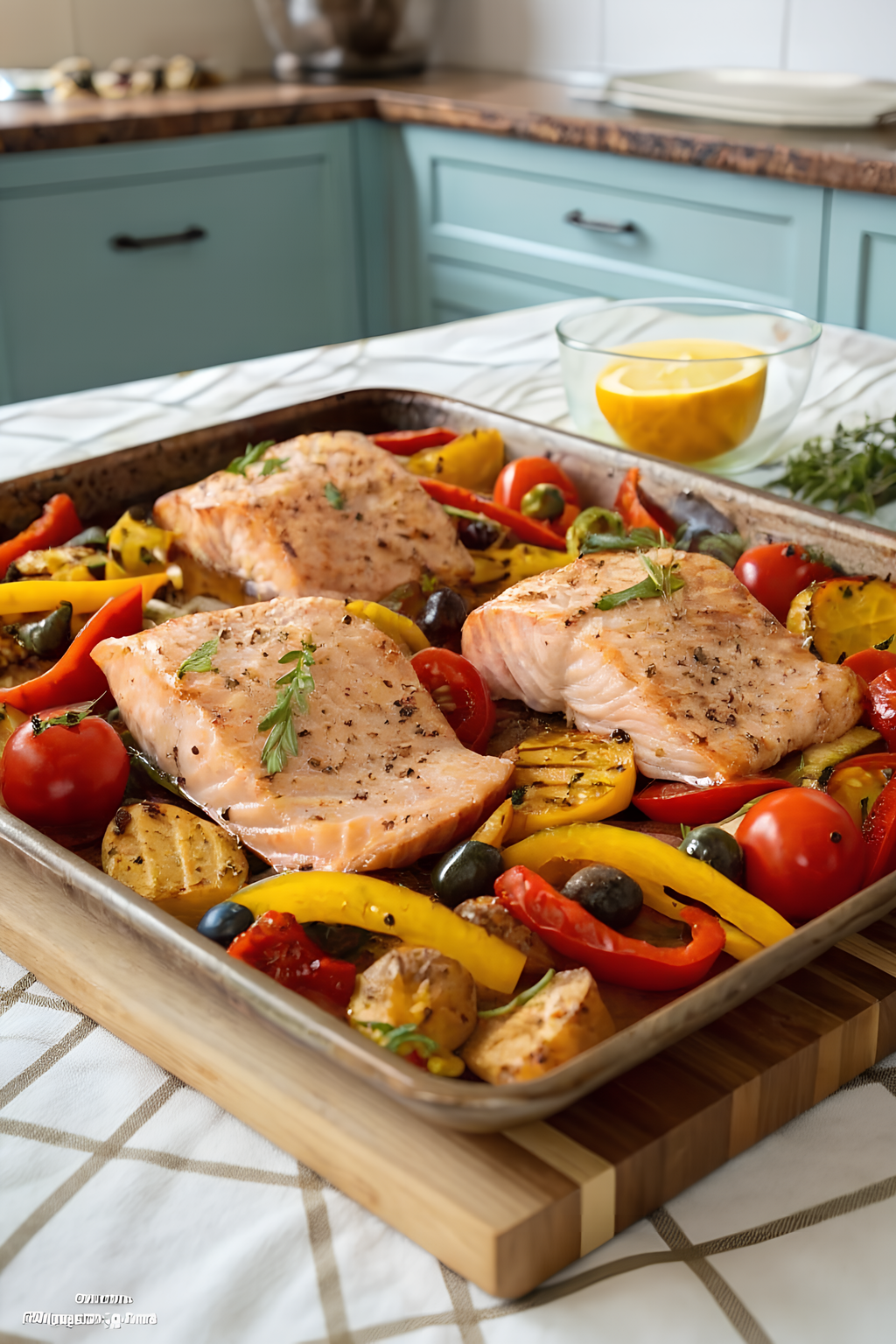Sheet pan salmon and vegetables with lemon