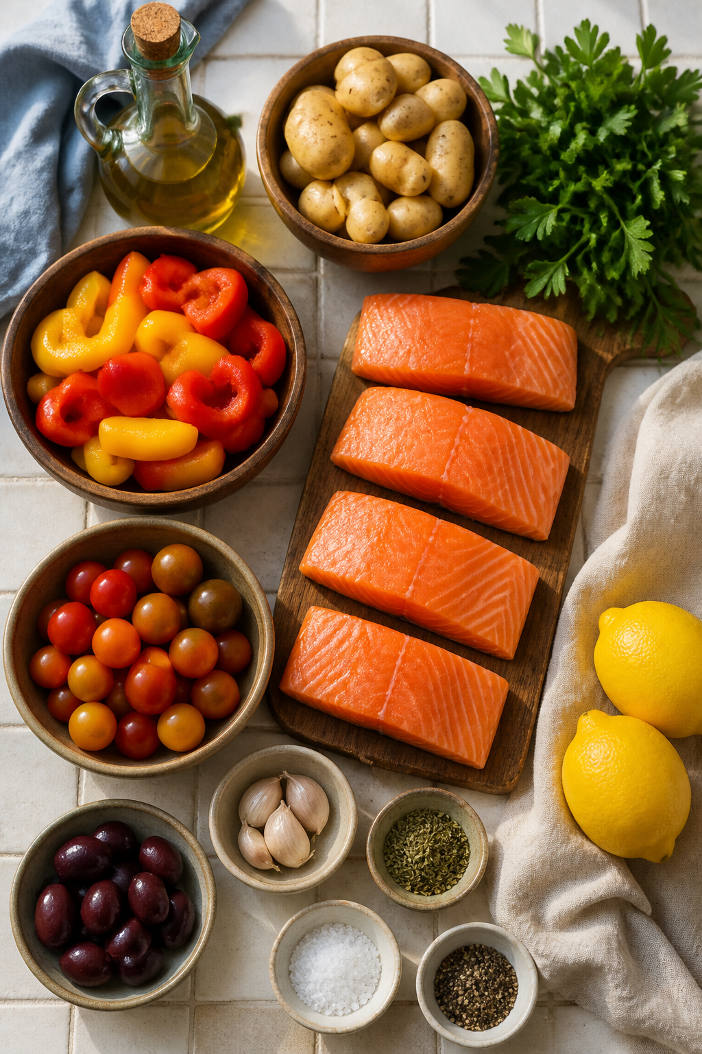 sheet pan salmon and vegetables ingredients on tile