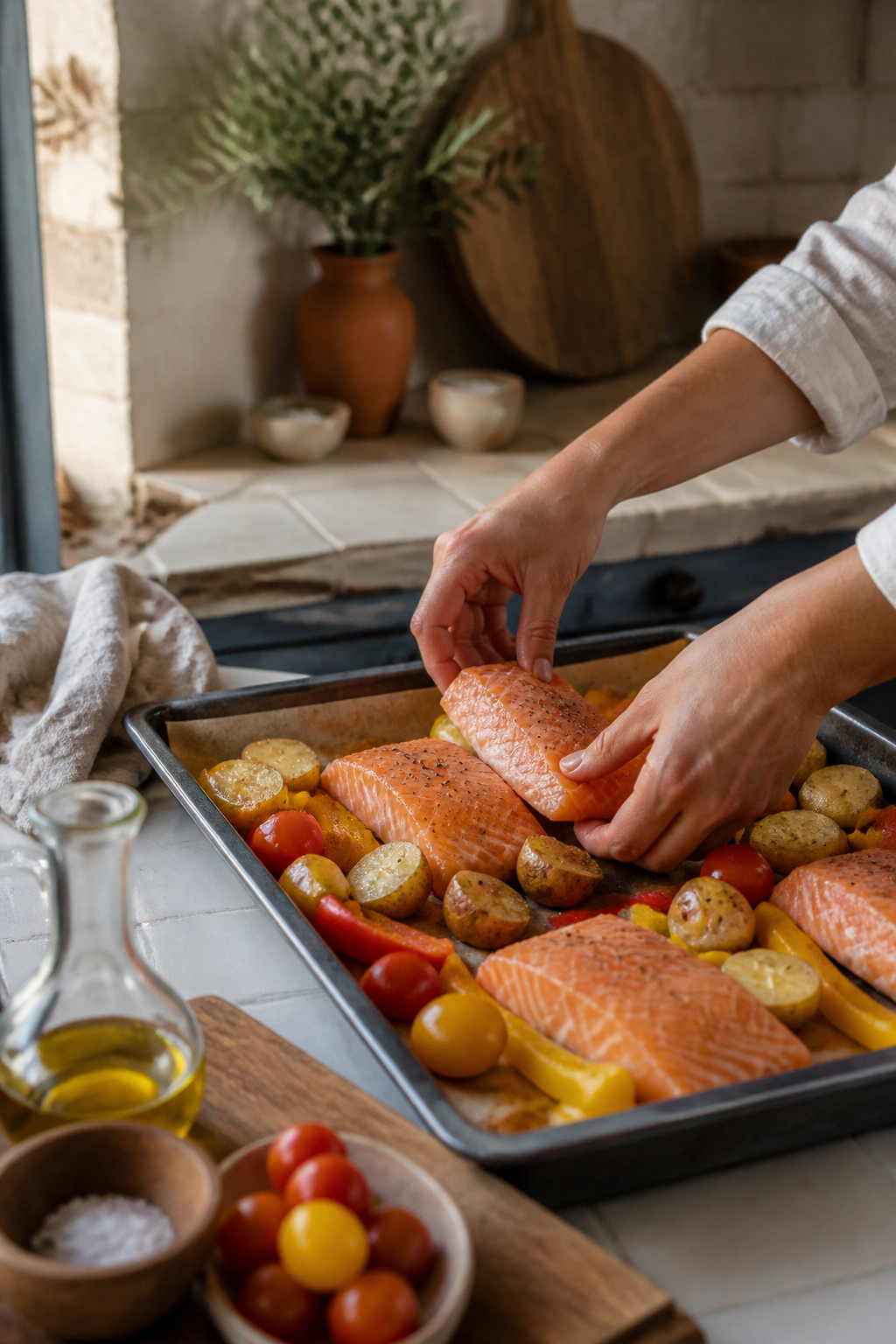 Salmon fillets arranged among vegetables