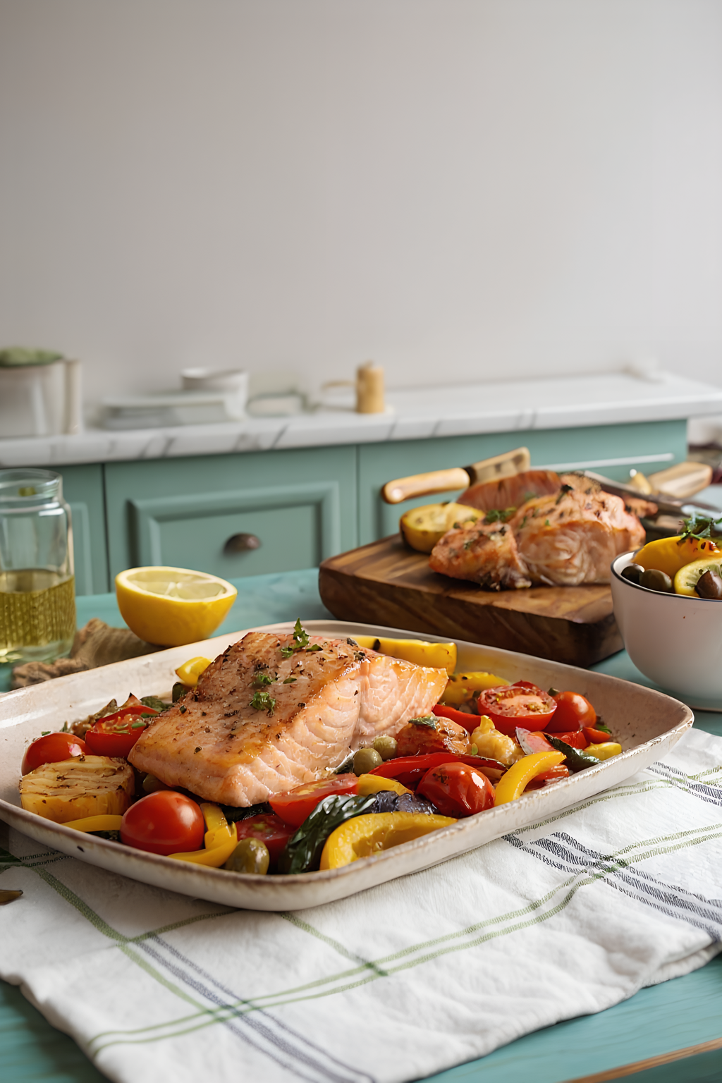 Close salmon fillet with roasted vegetables