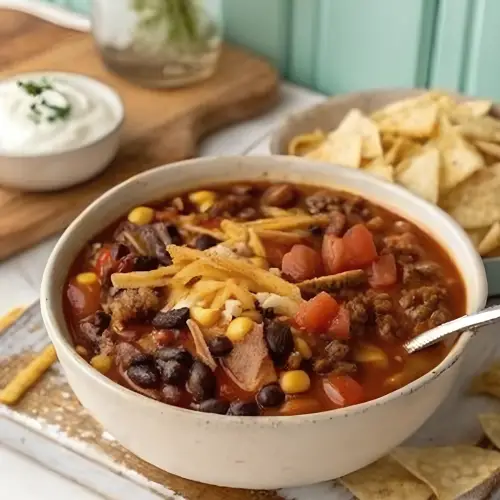 Slow cooker taco soup with beef, beans, corn, and tomatoes
