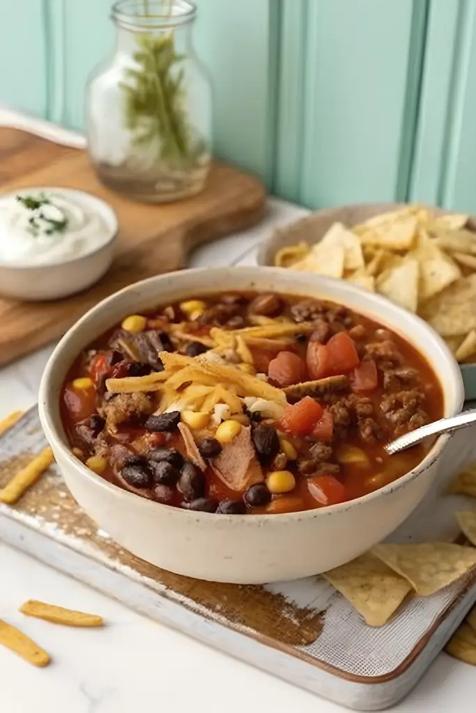 Slow cooker taco soup with beef, beans, corn, and tomatoes
