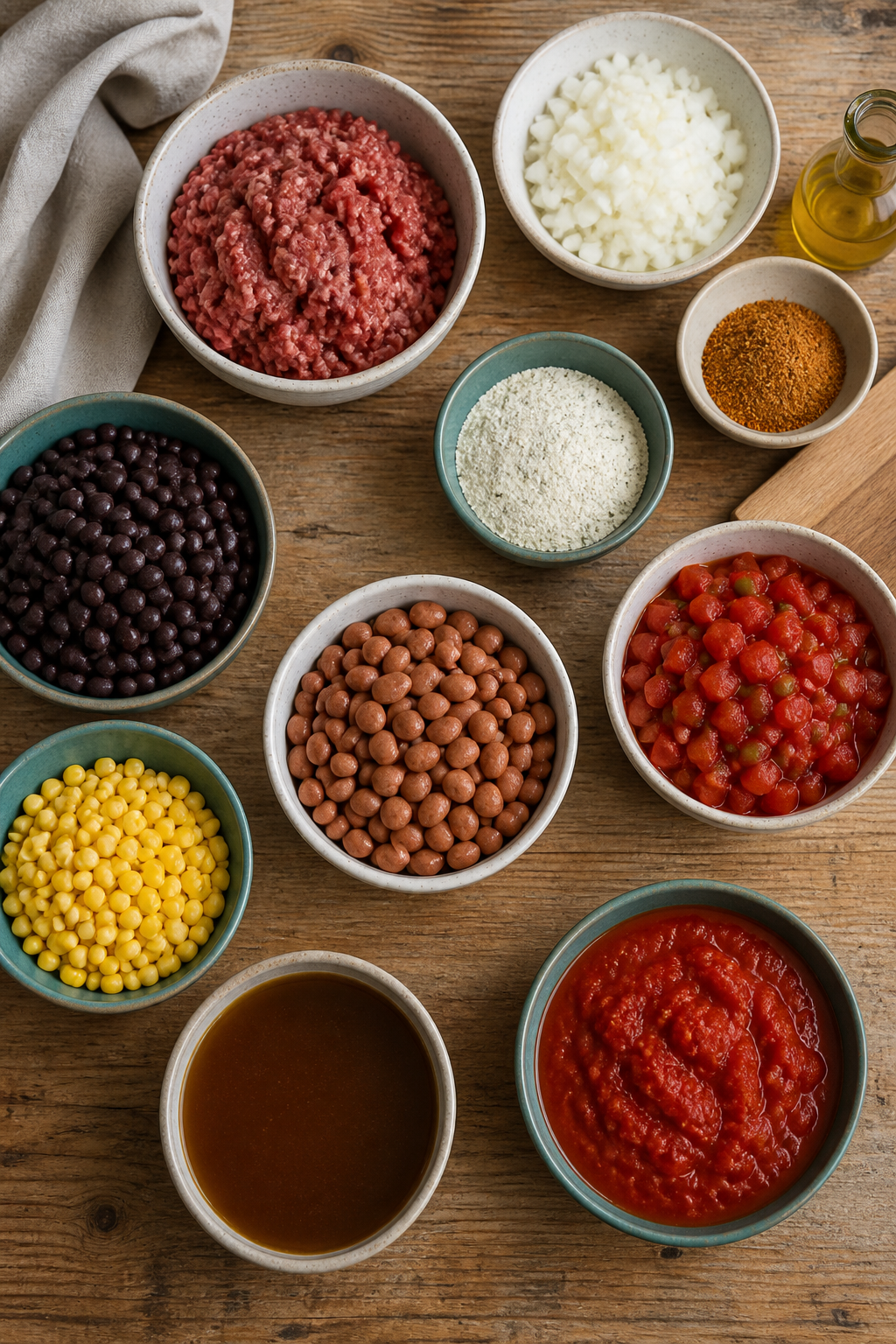Slow cooker taco soup ingredients measured in bowls