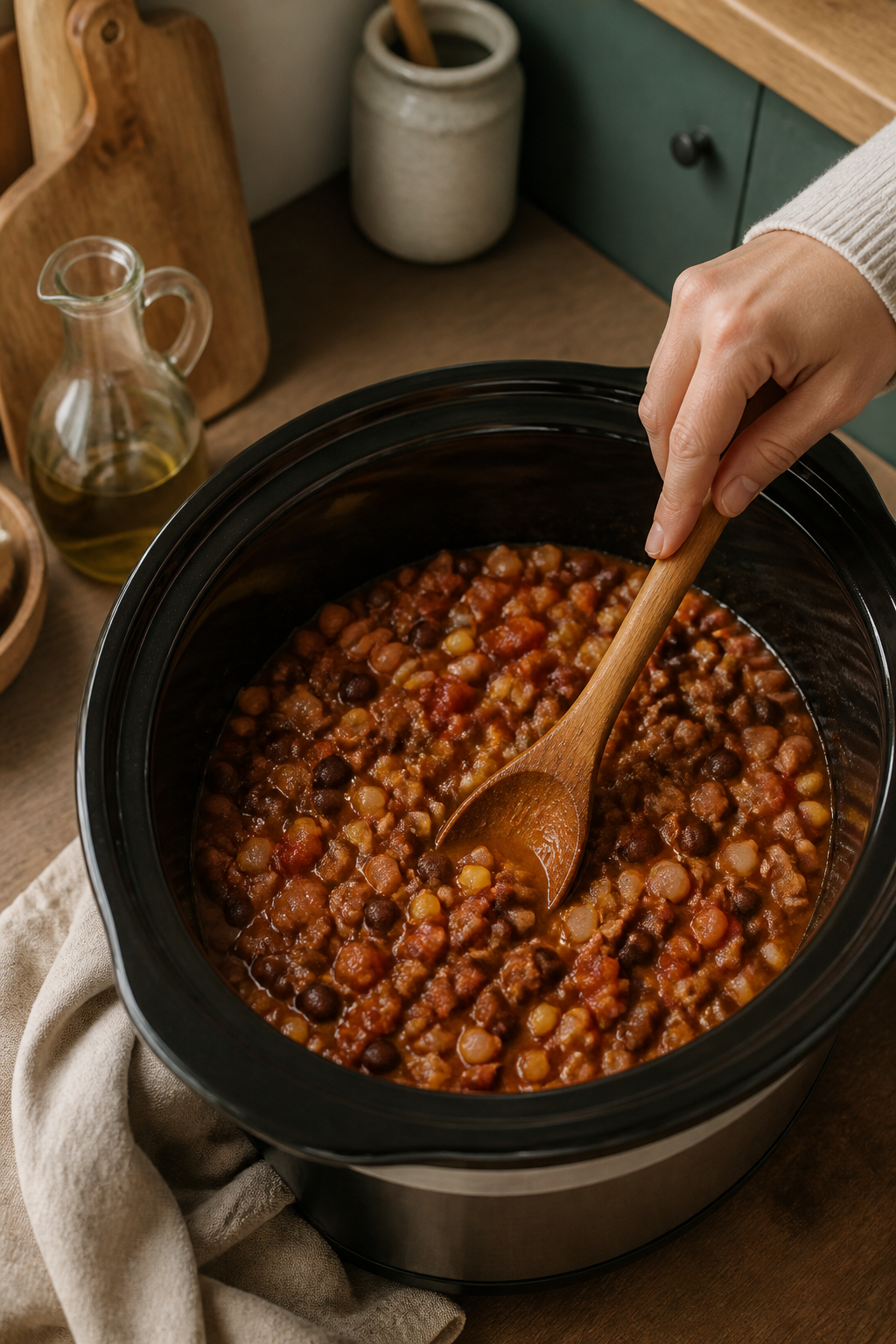 Ground beef and beans stirred together in a slow cooker