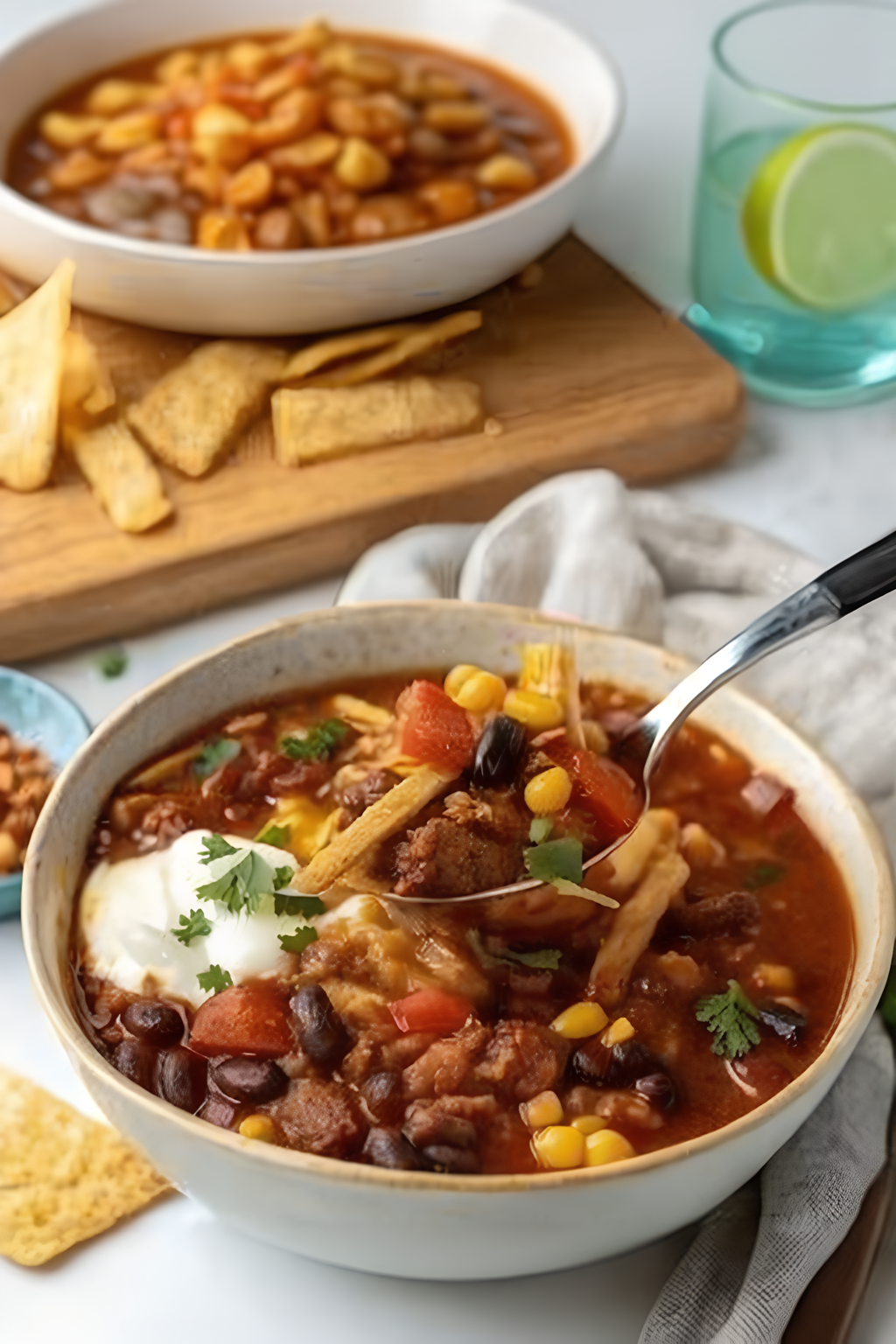 Finished taco soup with a spoon showing its hearty texture