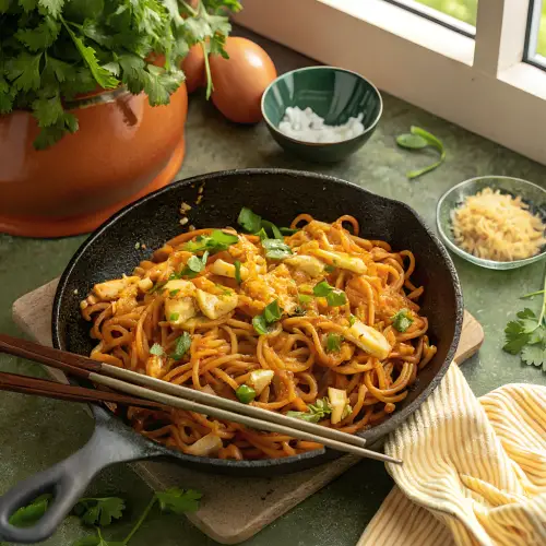 Finished spicy Sriracha noodles in the reserved kitchen scene