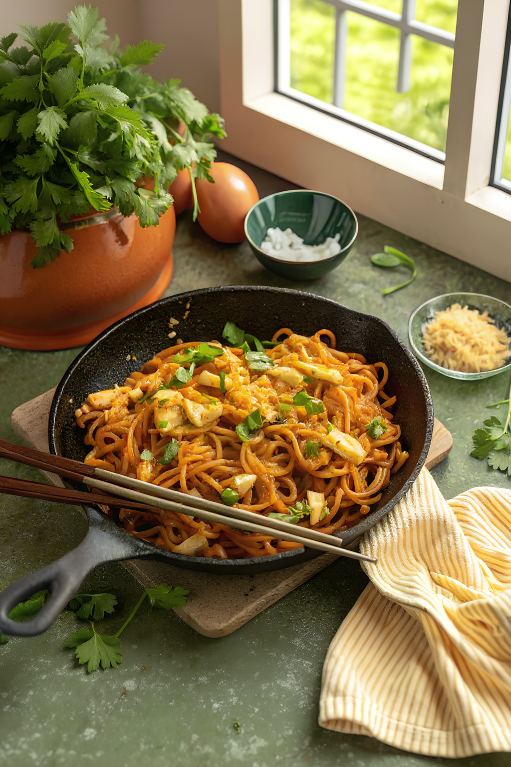 Finished spicy Sriracha noodles in the reserved kitchen scene