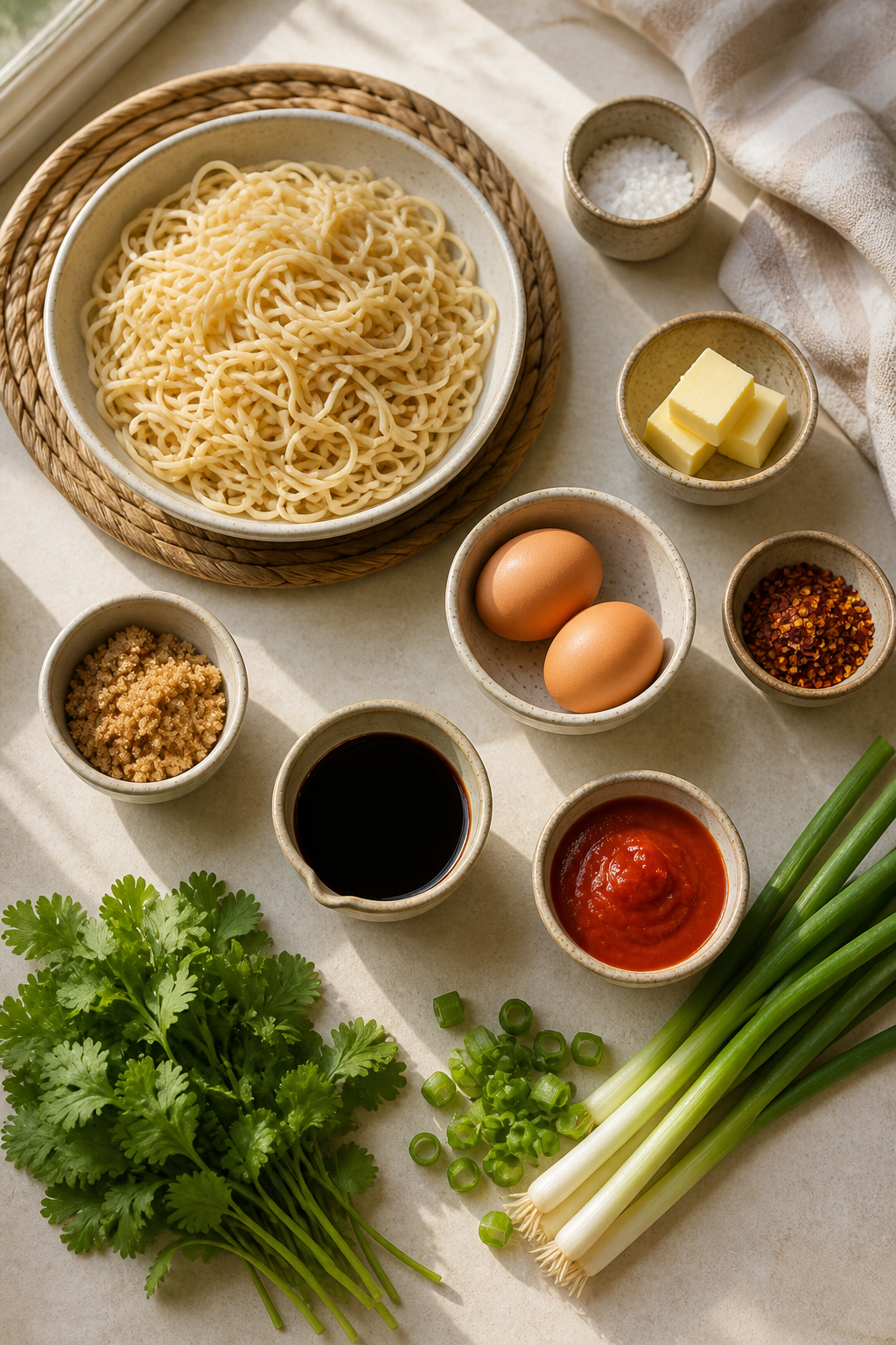 Ingredients measured for spicy Sriracha noodles