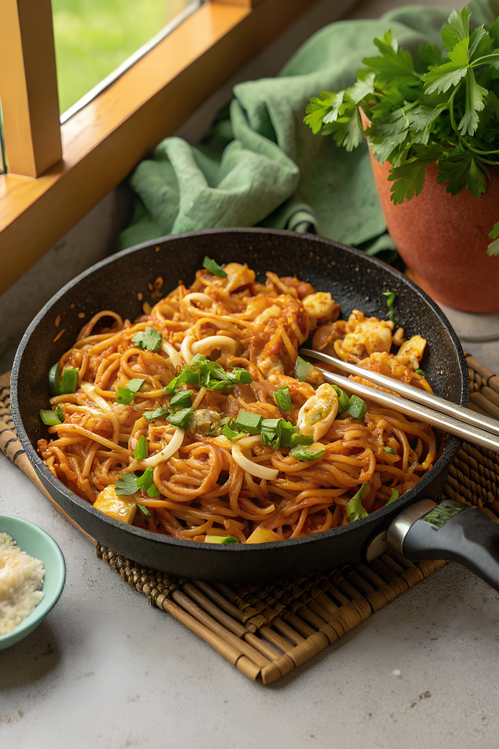 Close view of the finished spicy Sriracha noodles
