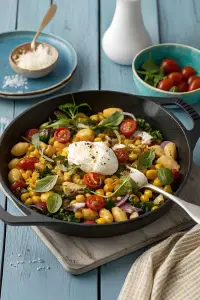 Summer Skillet Gnocchi with Corn and Burrata finished dish