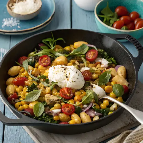 Summer Skillet Gnocchi with Corn and Burrata finished dish