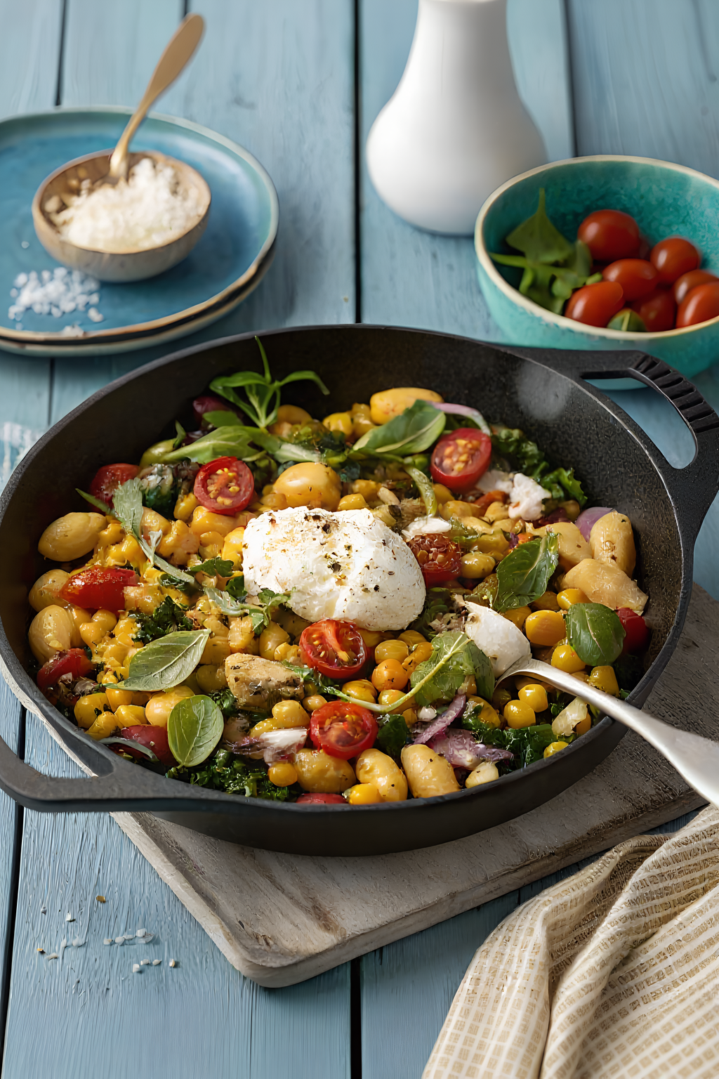 Summer Skillet Gnocchi with Corn and Burrata finished dish