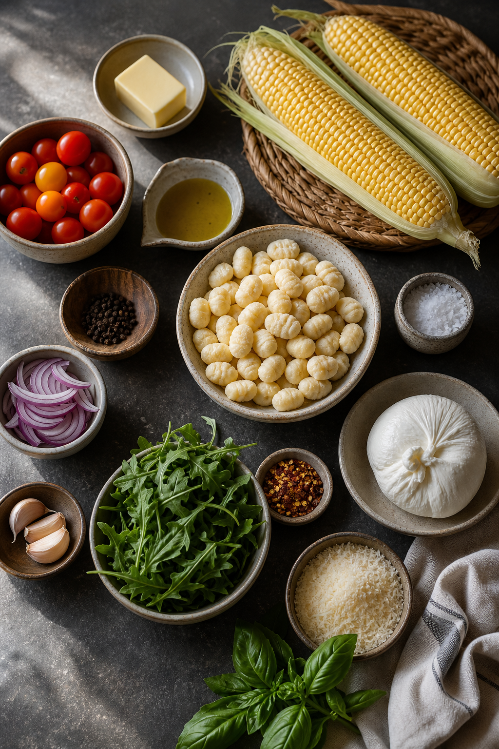 summer skillet gnocchi ingredients arranged for preparation